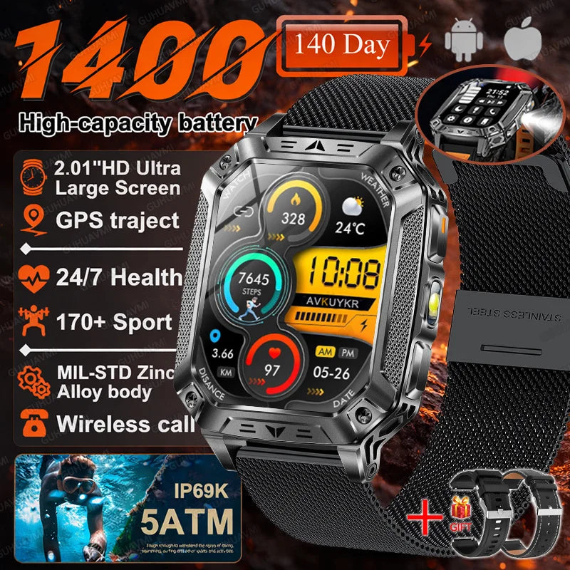 2026 Military 5ATM Waterproof Smart Watch Men 1400mAh Battery GPS Tracks 2.01" HD AMOLED Bluetooth call Sport Fitness Smartwatch