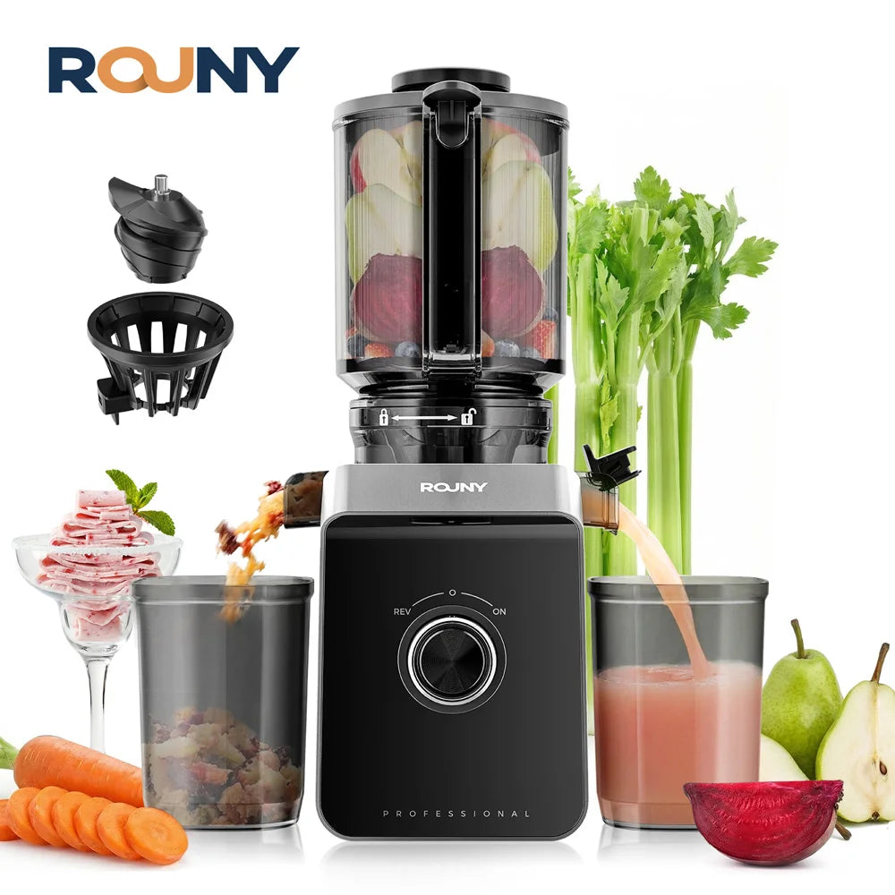 ROUNY Slow Juicer, Cold Press Extractor with Filter-Free, Easy Clean Electric Fruit Juicer Machine with Large Caliber,  Black