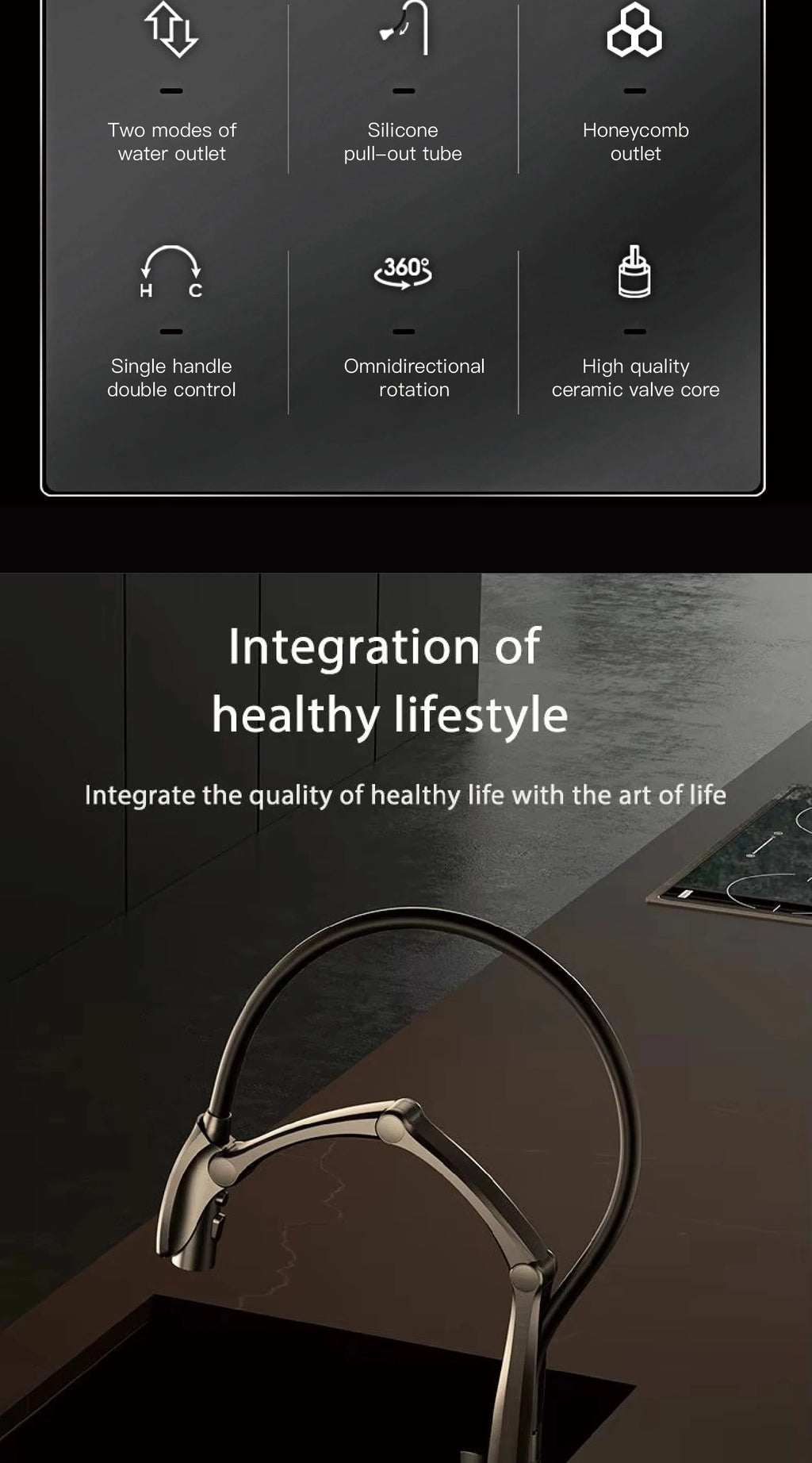AITANA Gun Grey Luxury Brass LED Display Kitchen Faucet，Touchless Sensor，Pull-Out 3-Function Spray Water-Saving SinK Mixer