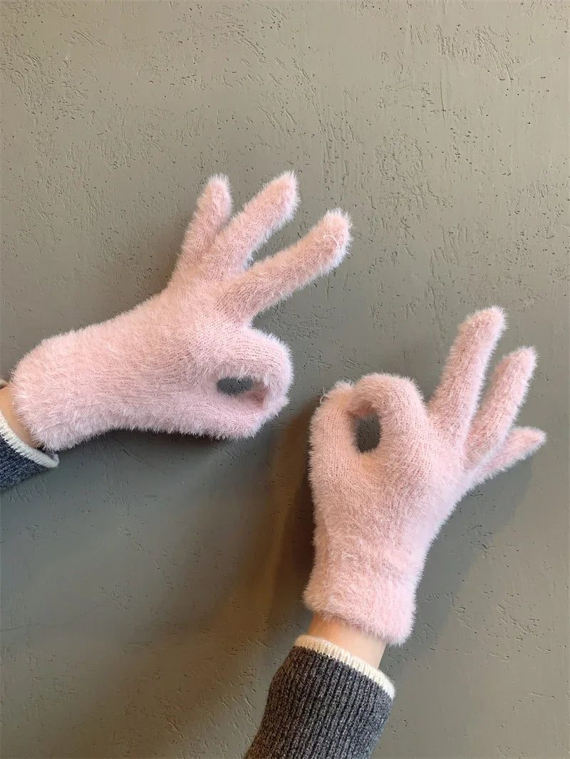 Fashion Winter Mink Velvet Five Finger Gloves Plush Warm Cold-proof Gloves Women Outdoors Cycling Solid Color Wistiti Mittens