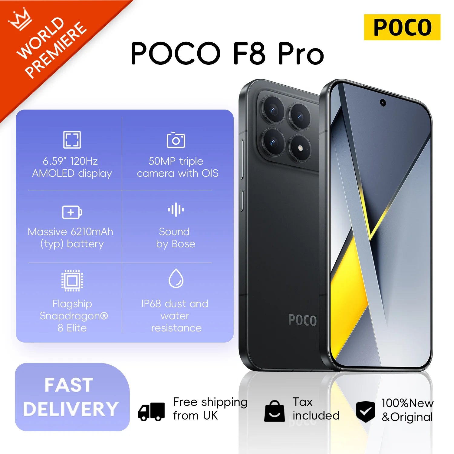 POCO F8 Pro 5G 12+256GB Dual eSIM 3nm Flagship Snapdragon® 8 Elite 6.59" 120Hz Eye-care AMOLED Display 50MP 6210mAh 100W NFC
