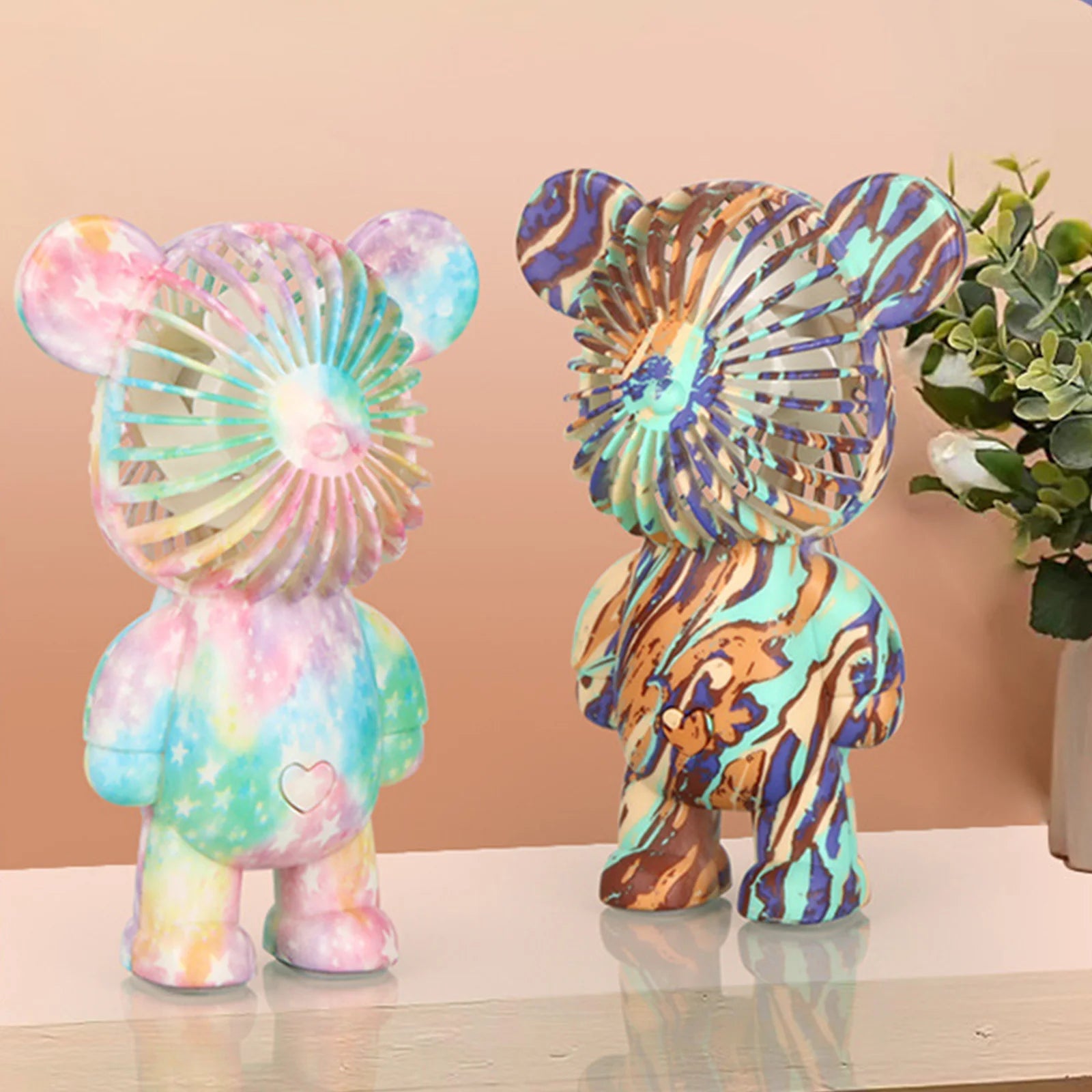 Graffiti Bear Electric Fan USB Rechargeable Desktop Fan Electroplating Gradient 3-speed for Camping Outdoor Travel