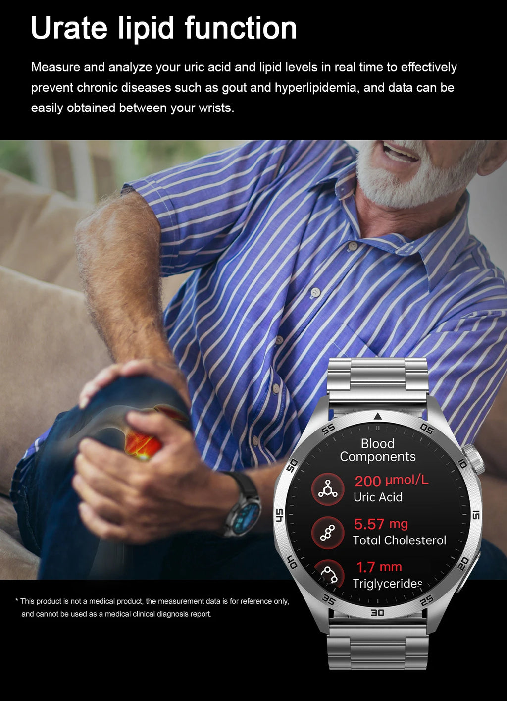 For iOS Android New Health Measurement SmartWatch Men Blood Oxygen Uric Acid ECG+PPG Body Blood Pressure HD Bluetooth Call Watch