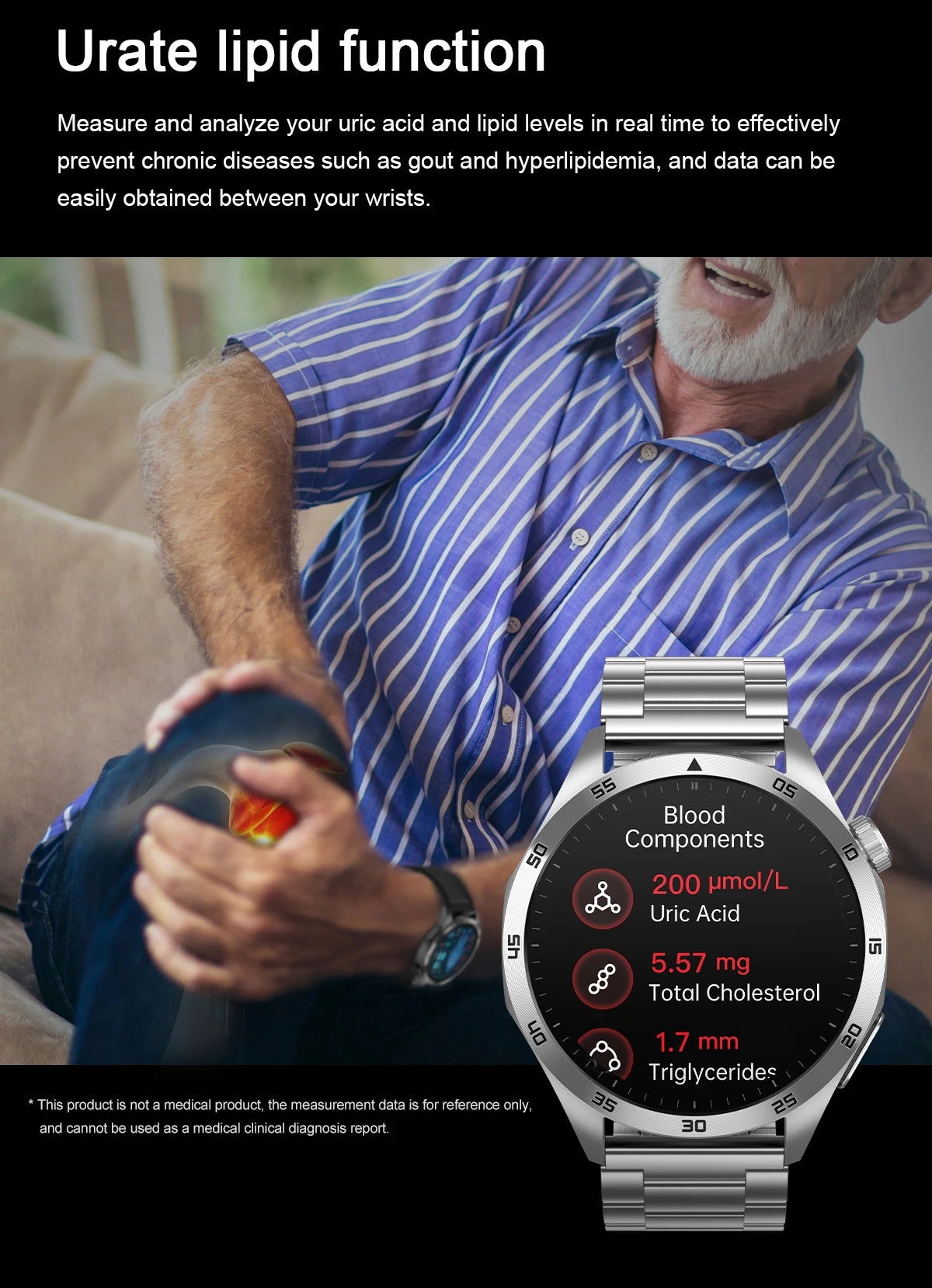 For iOS Android New Health Measurement SmartWatch Men Blood Oxygen Uric Acid ECG+PPG Body Blood Pressure HD Bluetooth Call Watch