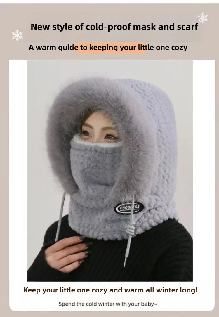 Autumn and Winter Women Thermal Plush Hat Hood Scarf and Mask Ear Protection Windproof Thick Design for Riding Outdoor