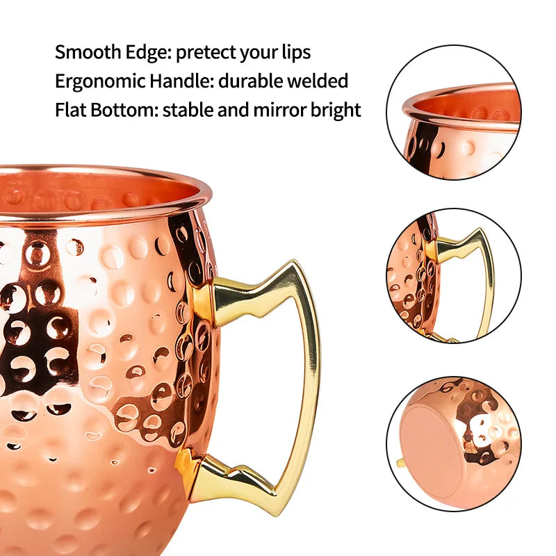 1-6PCS Stainless Steel Moscow Mule Beer Mugs Metal Copper Plated Hammered Anti-fall Beer Mug Cocktai Mugs Bar Banquet Drink Mugs