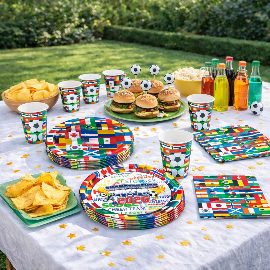 World Football 2026 Soccer Party Supplies Tablewear with International Flags Paper Plates, Cups Napkins Set for Football Party