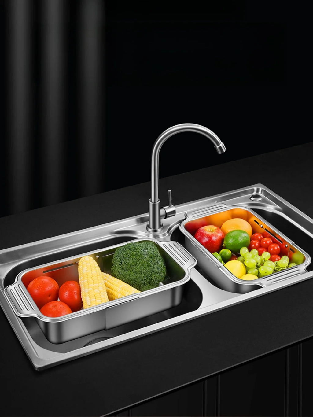 Stainless steel telescopic sink filter basket, adjustable length, used for cleaning fruits, draining spaghetti and dishes