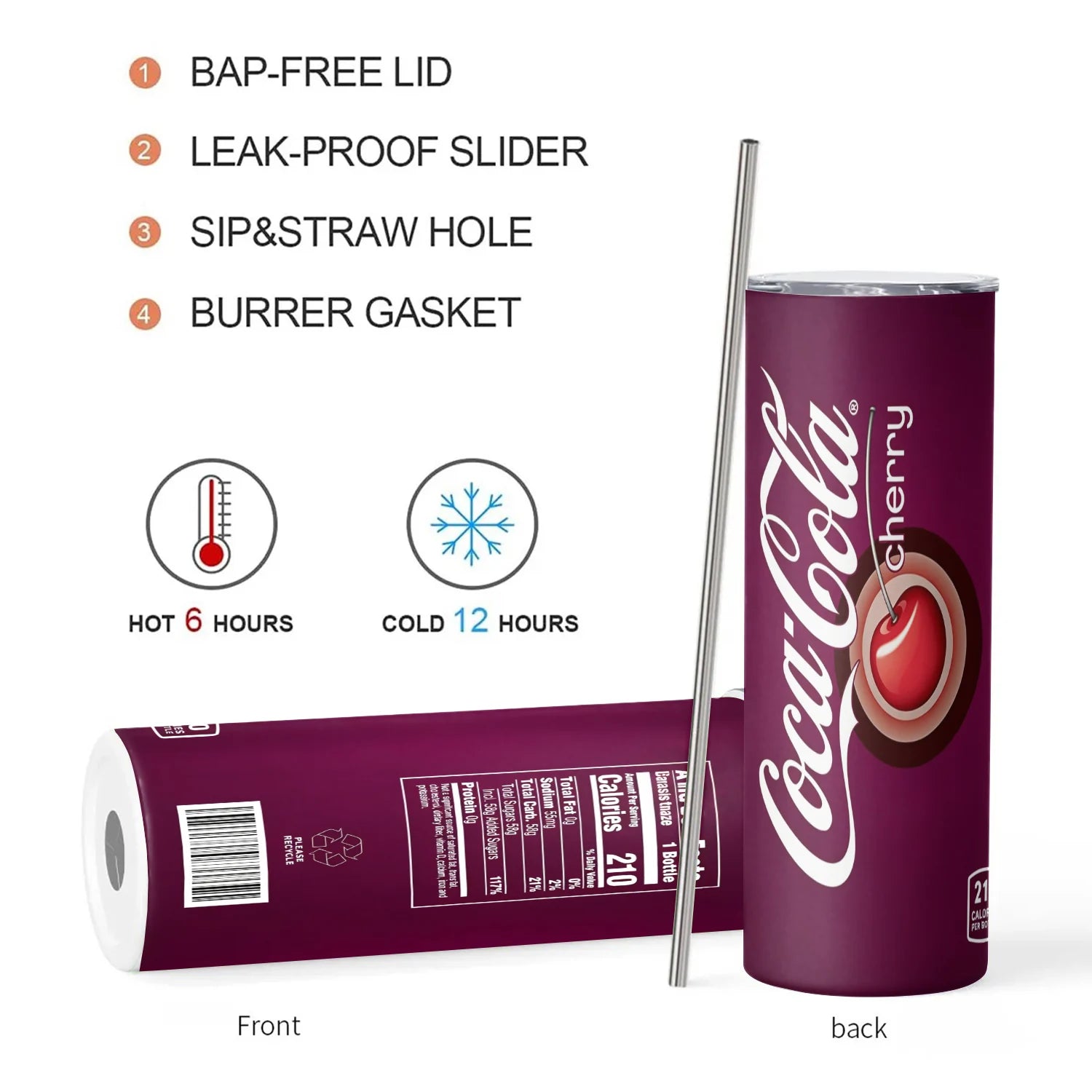 20oz Tumbler Cherry Lemon Orange juice Coke Can Vacuum cup Double Stainless Steel Water Bottle with Straw for Hot or Cold Drinks