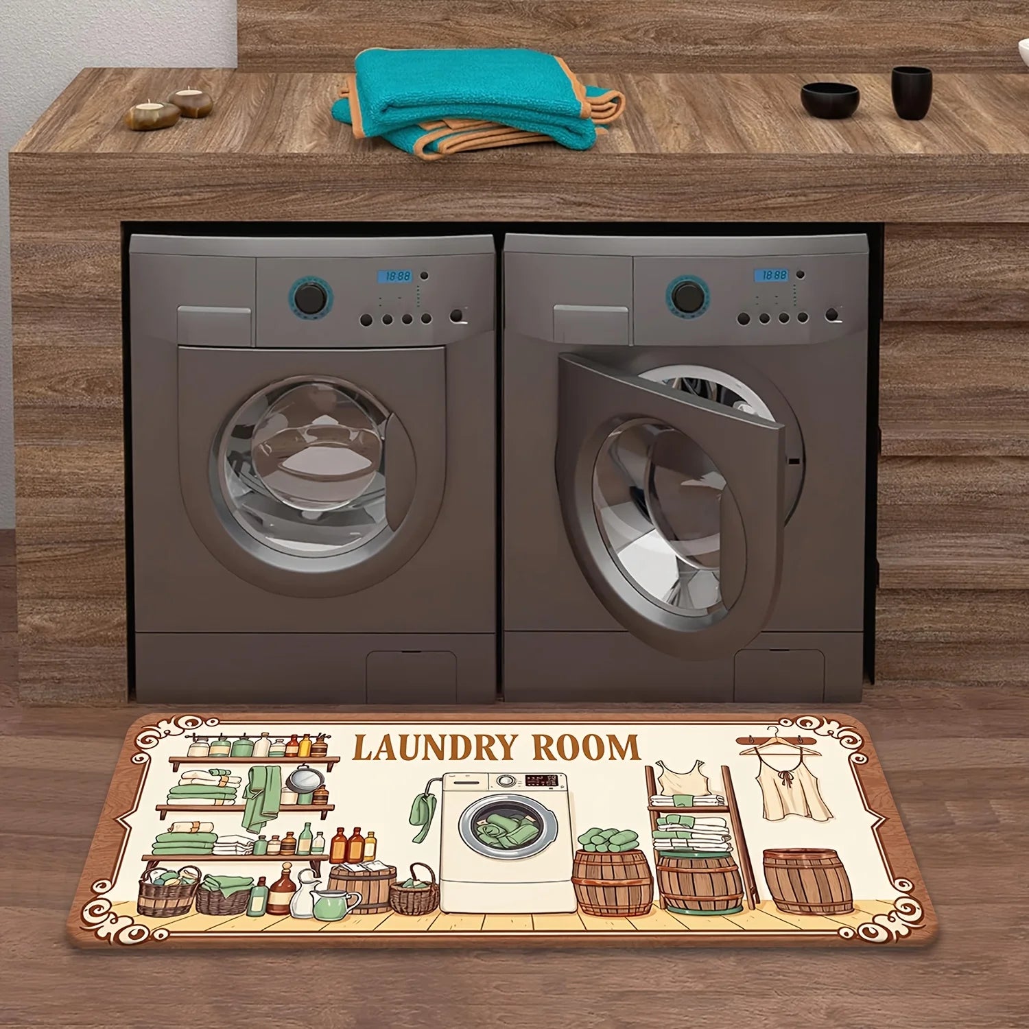 Laundry Room Floor Mat, Non-Slip Flannel Rug, Washable Durable Soft Carpet for Kitchen Hallway Office, Aesthetic Home Decor
