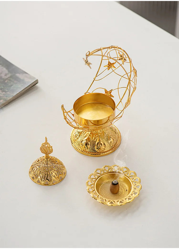 Middle Eastern Hand-held Crescent Metal Incense Burner Golden Living Room Tabletop Incense Burners Arabic Ornament