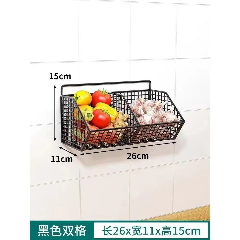 AOBT Wall-Mounted Green Onion Ginger Garlic Storage Rack Punch-Free Kitchen Multi-Functional Basket Organizer for Spices Herbs