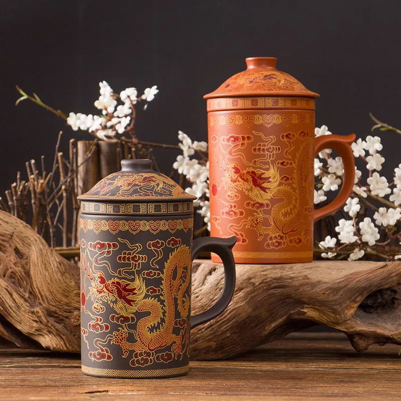 Handmade Dragon Beauty Purple Clay Tea Mug with Lid and Infuser, Ceramic Water Mug, Handmade Drinkware, Office Teacup