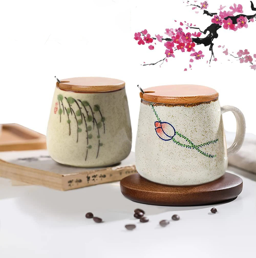 YWDL 350ml Japanese Ceramic Coffee Mug With Lid And Spoon Milk Breakfast Cups Home Heat-resistant Teacup Tumbler Water Mug Gift
