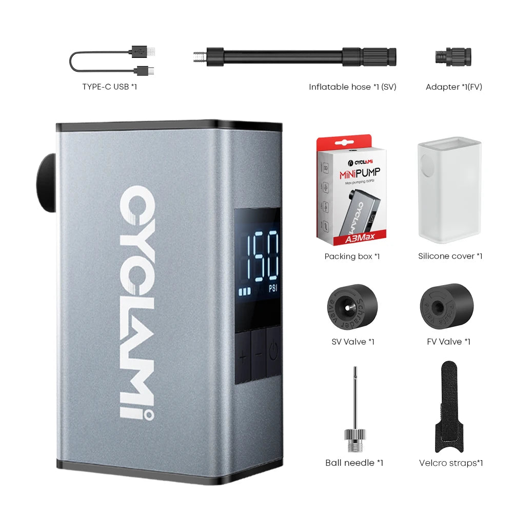 Aluminum Alloy 150 PSI Electric Pump Portable Bike Air Rechargeable Tire Inflator Schrader Presta Valve Silver CYCLAMI A3 MAX