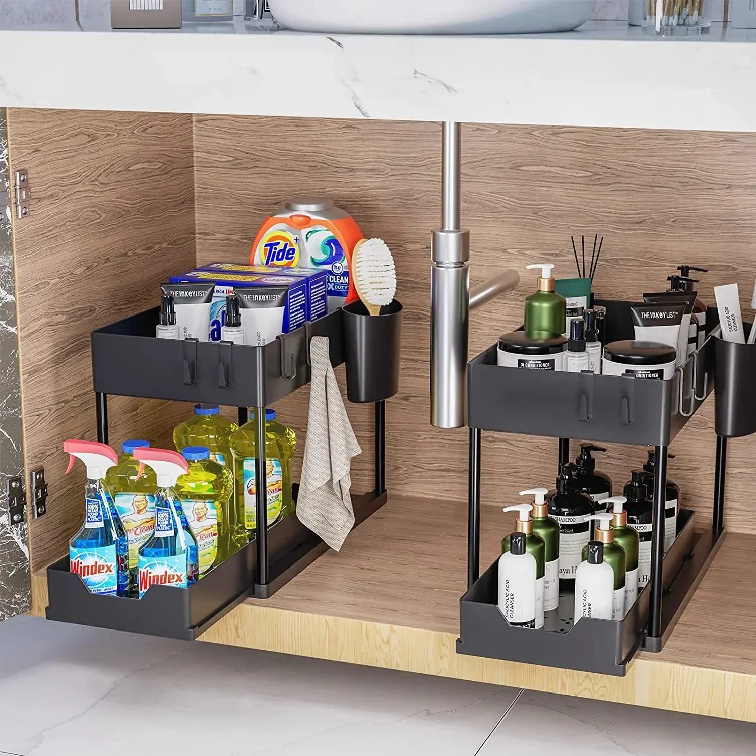 2 Tier Under Sink Sliding Cabinet Basket Organizer Storage Rack with Hooks Hanging Cup Bathroom Multifunctional Storage Rack