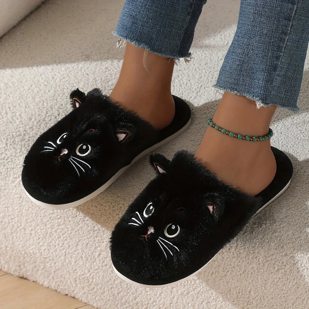 Womens Plush Cat Slippers Winter Warm Cozy Indoor House Shoes Soft EVA Sole Non-Slip Design