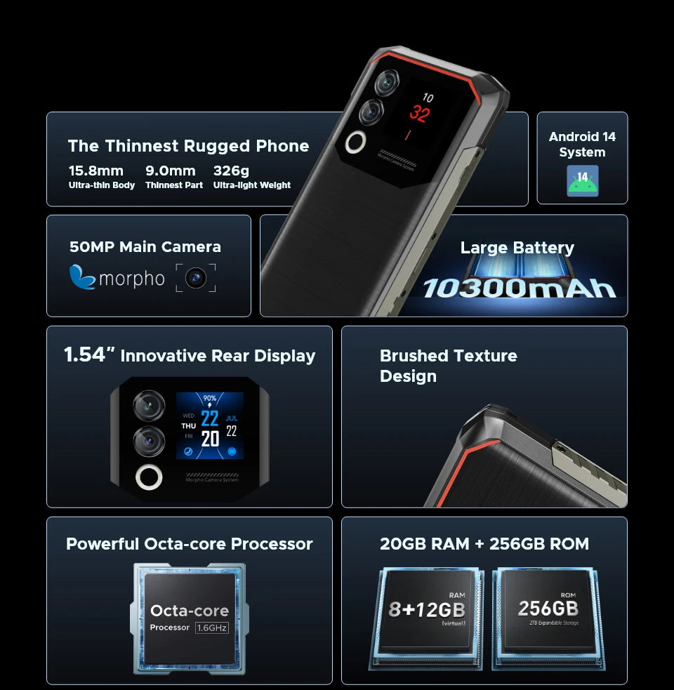 DOOGEE Blade10 Max Rugged Phone 6.56" 90Hz IPS Display 10300mAh Battery Phone 8GB 256GB 1.54" Rear Display 50MP AI Main Camera