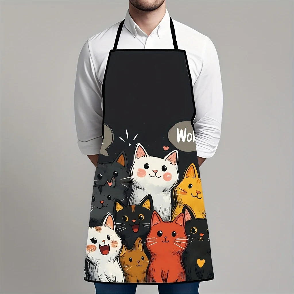Cute Cat Pattern Polyester Apron  Vibrant Cartoon Cats with Hearts & Stars DesignKitchen Apron for Cooking, Baking Home Decor