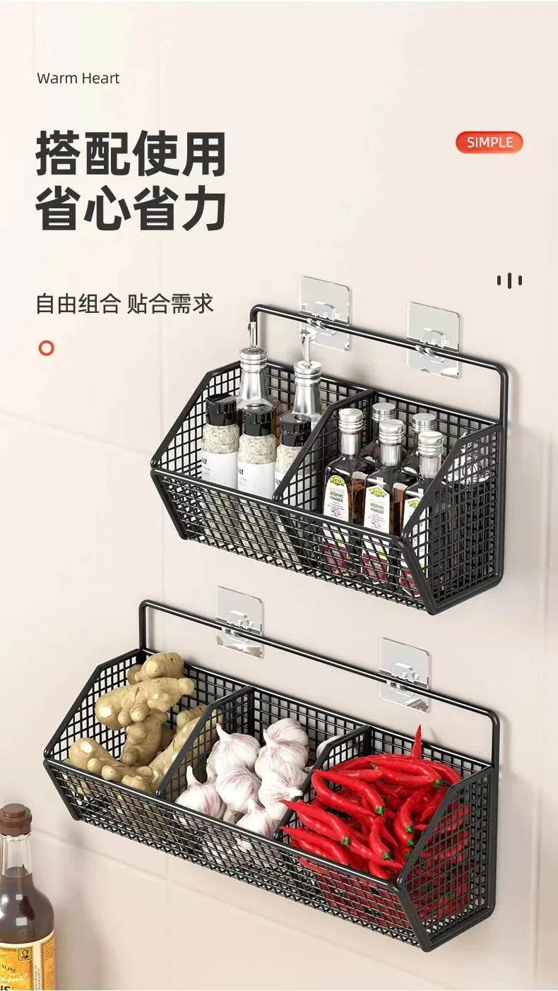 AOBT Wall-Mounted Green Onion Ginger Garlic Storage Rack Punch-Free Kitchen Multi-Functional Basket Organizer for Spices Herbs