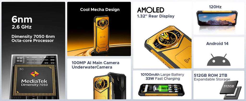 DOOGEE S200 X 5G Rugged Phone 6.72" 120Hz Dimensity 7050 12GB+512GB AI Triple Camera 10100mAh Battery NFC 5g Smartphone