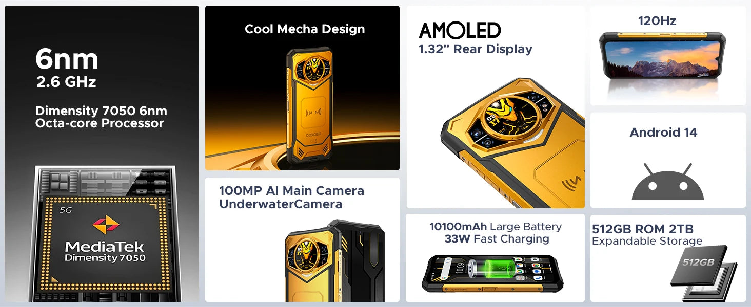 DOOGEE S200 X 5G Rugged Phone 6.72" 120Hz Dimensity 7050 12GB+512GB AI Triple Camera 10100mAh Battery NFC 5g Smartphone