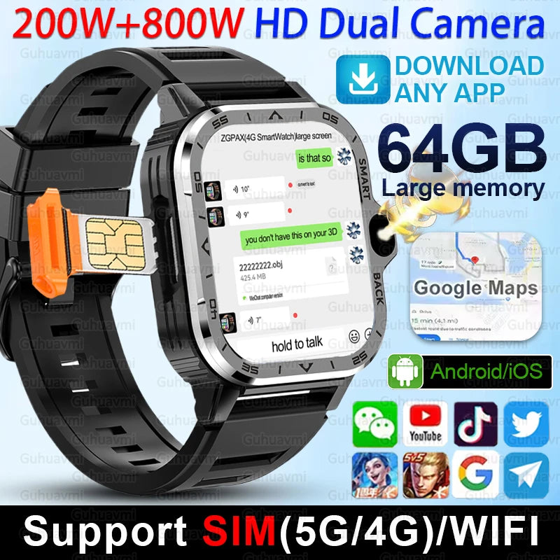 4G/5G SIM Card Wifi Smart Watch 64GB Large Memory APP Download 200W+800W HD Dual Camera Video Call Global Version Smartwatch Men