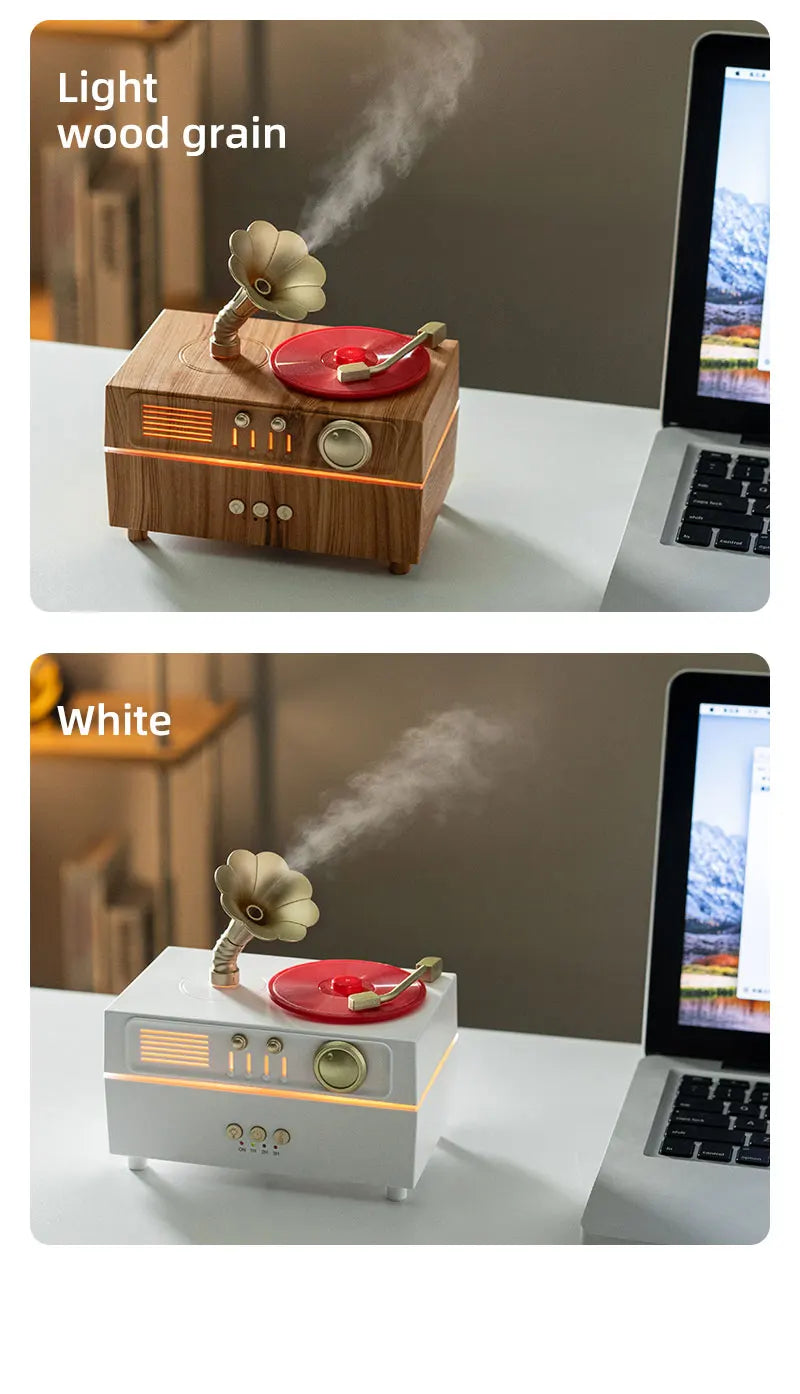 5V Retro Phonograph Bluetooth Speaker Humidifier Ultrasonic Aroma Diffuser Rotating Colorful Light Remote Essential Oil Atomizer