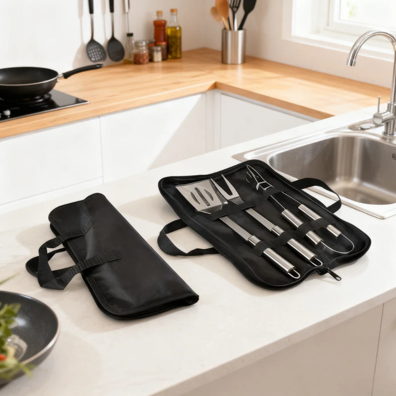 Stainless Steel Camping Barbecue Tool Set Portable Outdoor BBQ Utensils with Carry Bag Kitchen Forks Clips Shovels Grilling Kit