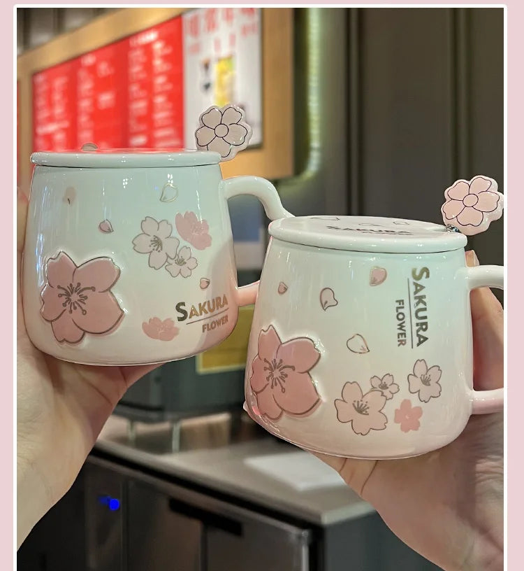 New High Beauty Mug with Lid Spoon Sakura Powder Household Lovely Breakfast Lovers Milk Coffee Mug Ceramic Mug