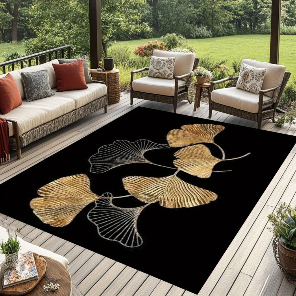 Flannel Printed Ginkgo Leaf Rug Gold and Silver Design Soft Fleece Outdoor Mat Garden Patio Carpet Nature Decor Rugs