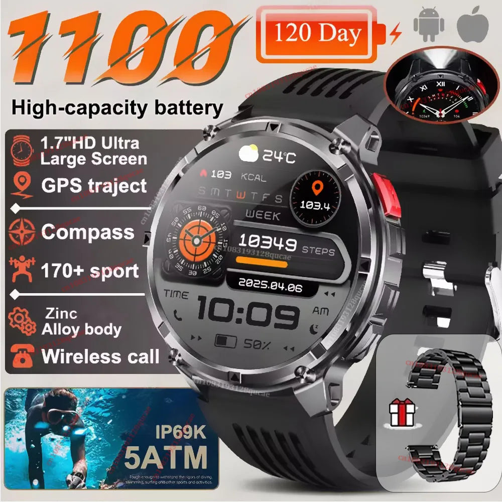 2026 New 1100mAh 1.7 Inch Smart Watch GPS path 5ATM Waterproof Sports Run Hiking Outdoors Compass Flashlight Military Smartwatch