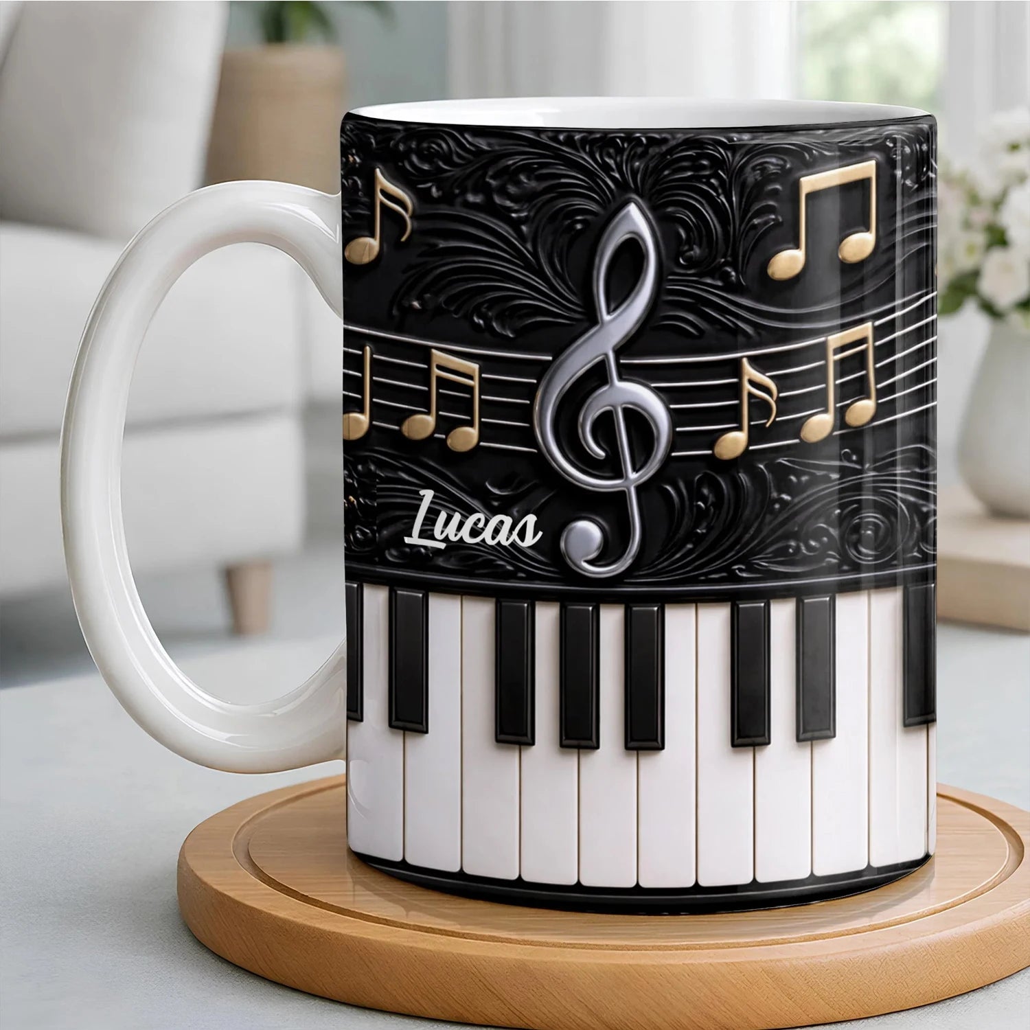 Personalized Name Piano Ceramic Coffee Mugs Elegant Gift for Pianists & Music Enthusiasts