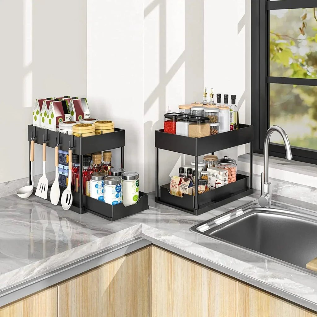 2 Tier Under Sink Sliding Cabinet Basket Organizer Storage Rack with Hooks Hanging Cup Bathroom Multifunctional Storage Rack
