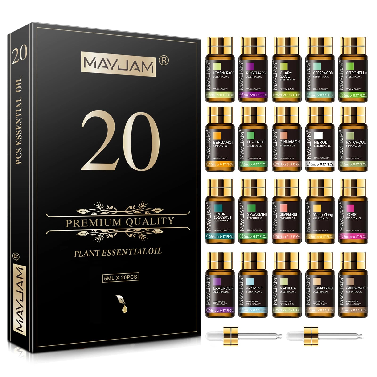 MAYJAM 20 Bottles Natural Essential Oils Set Gift Sandalwood Patchouli Jasmine Spearmint Ylang Ylang Rosemary Clary Sage Tea tree Cinnamon Lavender Vanilla Grapefruit for Aromatherapy Reed Diffuser