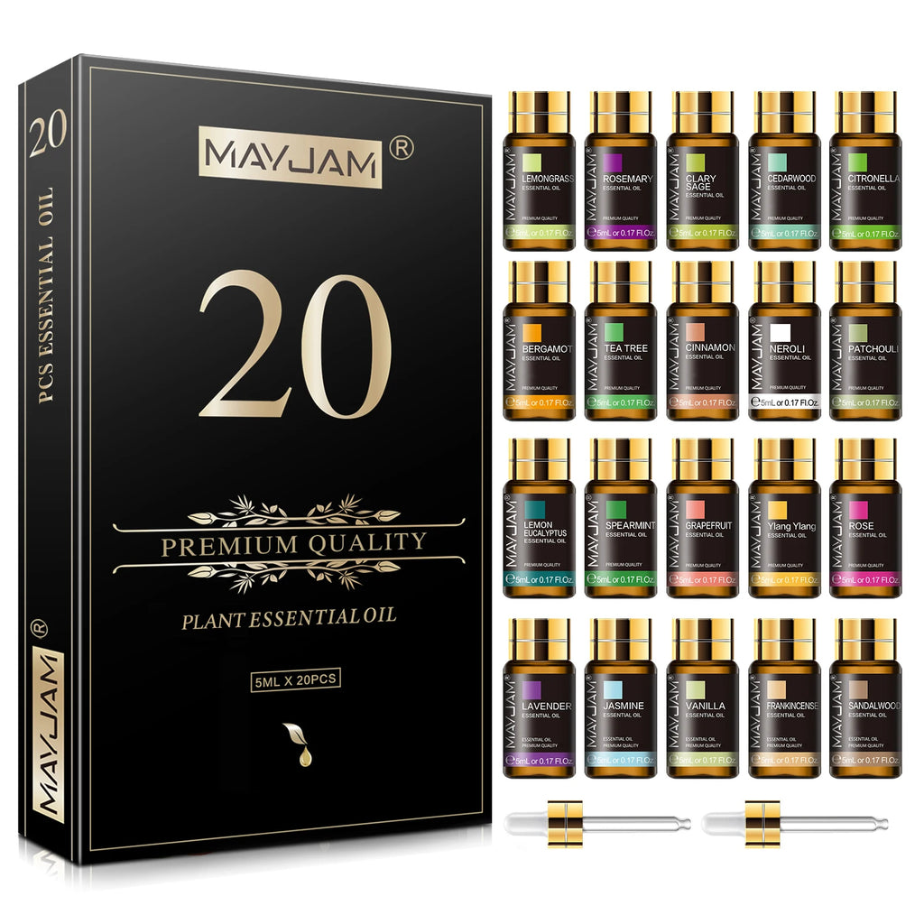 MAYJAM 20 Bottles Natural Essential Oils Set Gift Sandalwood Patchouli Jasmine Spearmint Ylang Ylang Rosemary Clary Sage Tea tree Cinnamon Lavender Vanilla Grapefruit for Aromatherapy Reed Diffuser