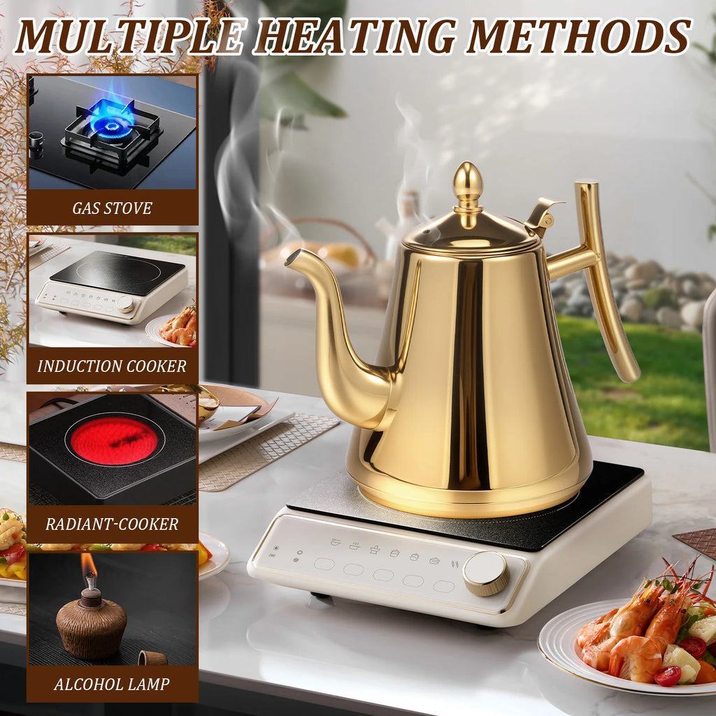 2L Stainless Steel Tea Pot Large Capacity Tea Kettle with Removable Strainer Induction Cookers Gas Stoves Water Pot Drinkware