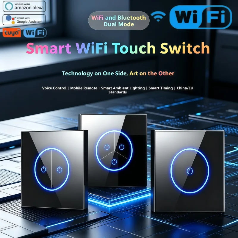 Tuya Smart Life WiFi Smart Touch Switch Tempered Glass Panel WiFi Bluetooth Dual Mode+RF433 Alexa/Google Home Voice Control