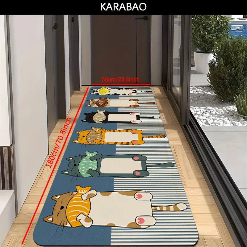 Cute Cartoon Cats & Fish Print Runner Rug, Non-Slip Washable Durable Mat for Kitchen, Laundry Room, Entryway & Kids Room