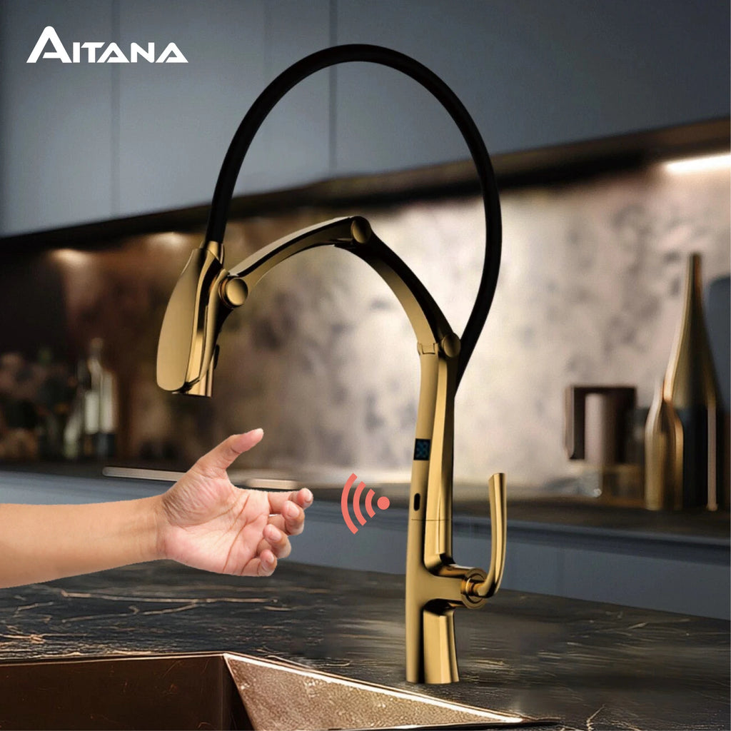 AITANA Gun Grey Luxury Brass LED Display Kitchen Faucet，Touchless Sensor，Pull-Out 3-Function Spray Water-Saving SinK Mixer