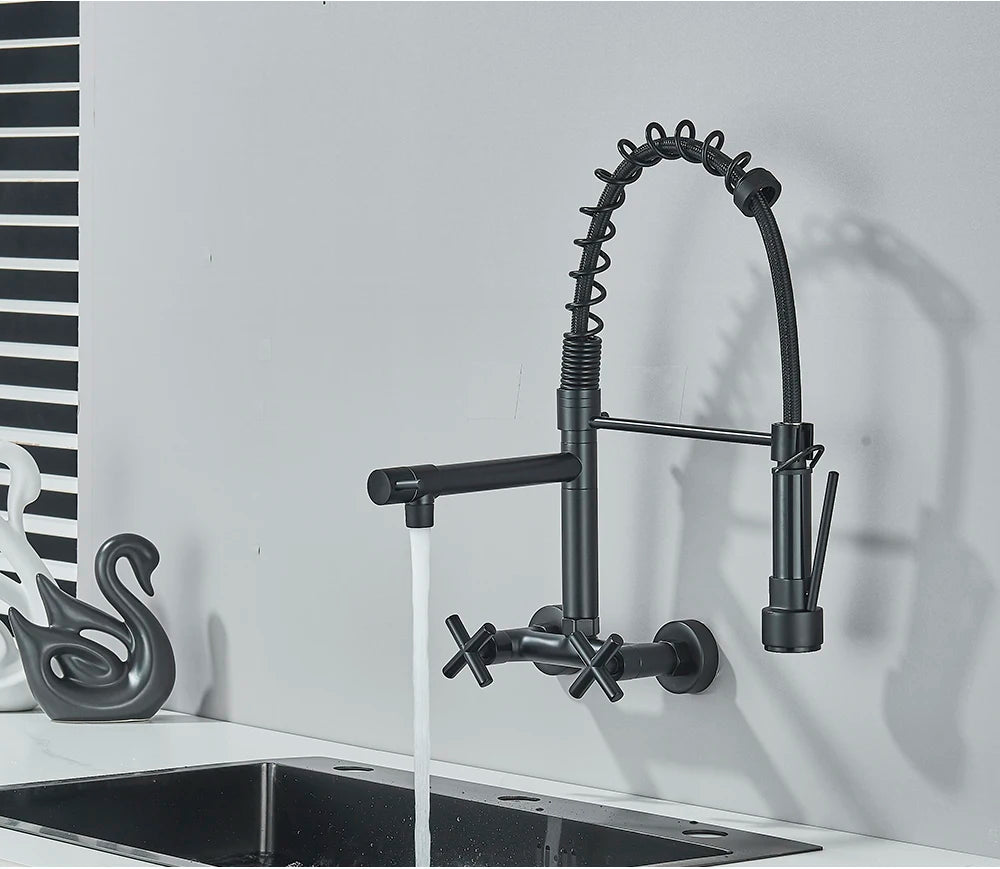 Gold Black Kitchen Faucet Wall Mount Pull Down Tap Vessel Sink Hot Cold Water Mixer Tap Spring Dual Swivel Spouts Sink Crane