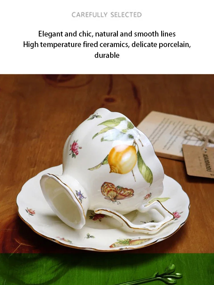 European Style Ceramic Mug Coffee Cup and Saucers Set Lemon Pattern Retro Afternoon tea cup Dessert Plate Teapot Home kettle