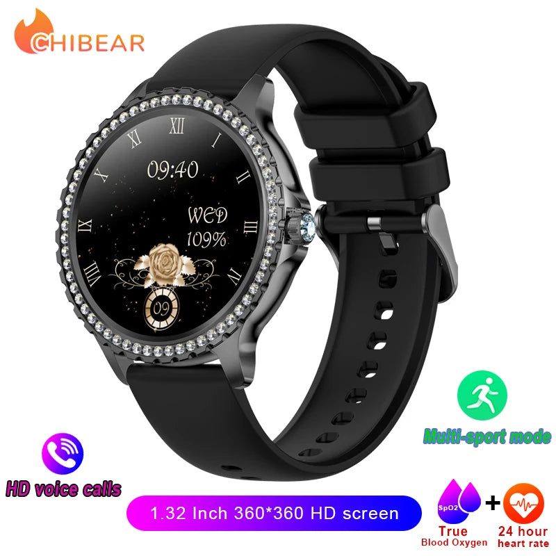 2026 New Fashion Women Diamond Watch 1.32 inch 360*360 HD Display Heart Rate Blood Oxygen Monitoring Bluetooth Call Smartwatch