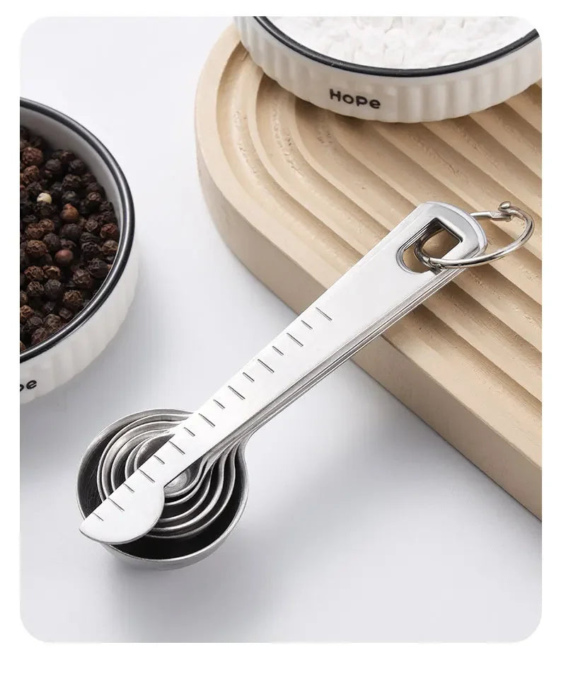 Stainless Steel Measuring Spoon 4/6/7/8 Pcs Set with Scale Measuring Ruler Spoons Coffee Baking Measuring Kitchen Tool Set
