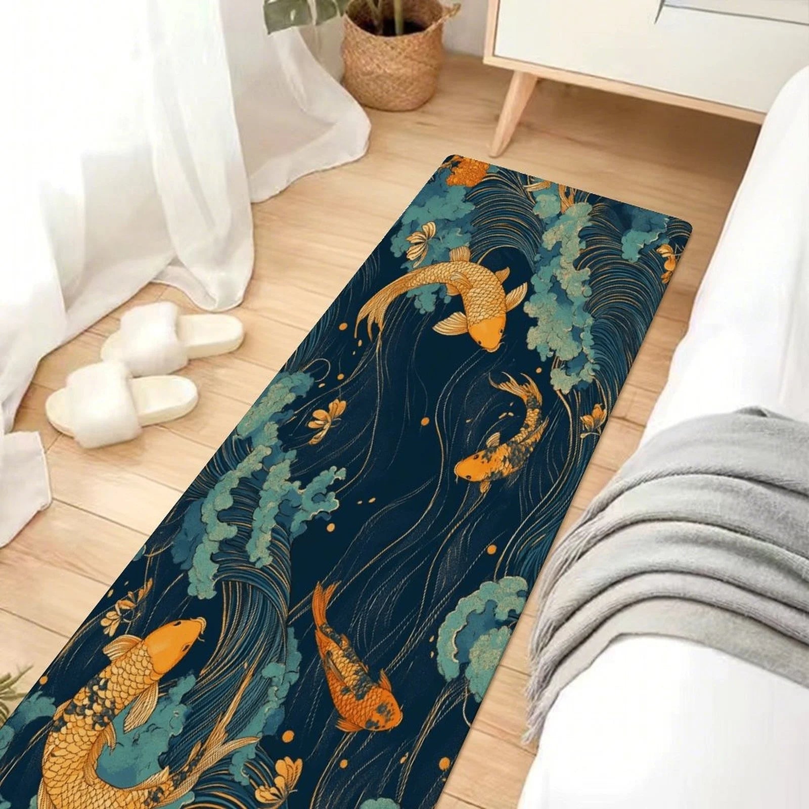 Japanese Koi Fish Kitchen Runner Rug, Non-Slip Washable Floor Mat with Ocean Wave Art Print for Kitchen, Bedroom, Bathroom Area