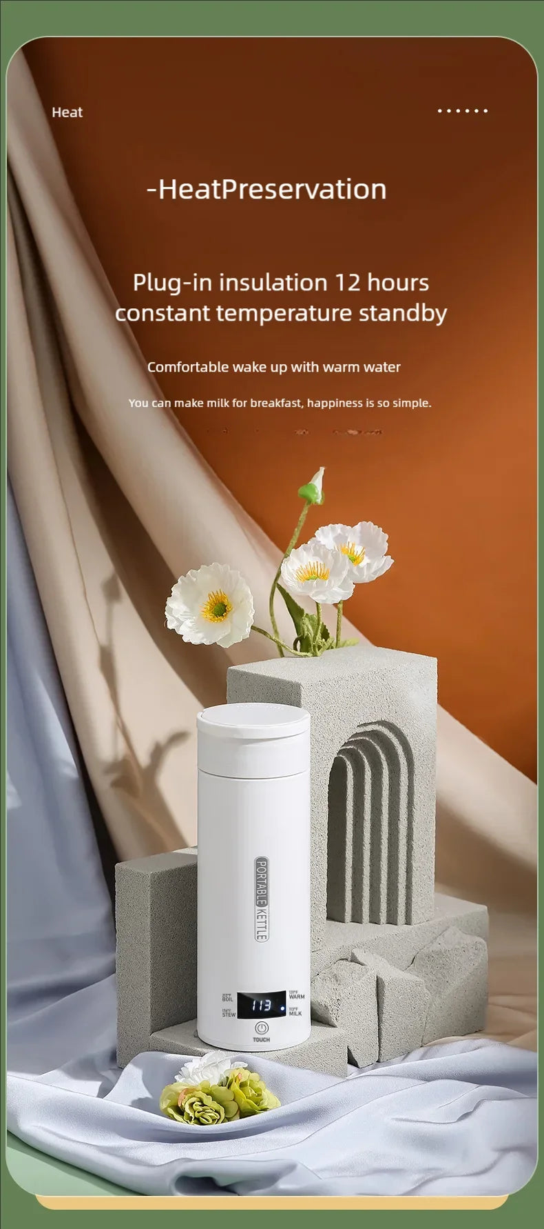 JFBONIN Electric Kettles Portable Tea Coffee Kettle Travel Boil Water Thermal Cup Anti-Scald Water Bottle English Menu