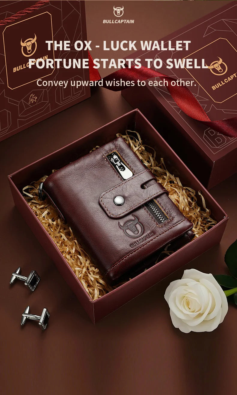 Bullcaptain Genuine Leather Men's Wallet Fashion Quality Travel Purse Rfid Protect Credit Card Holder Wollst for Men with Chain
