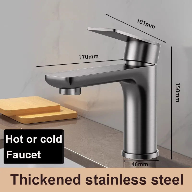 Black Basin Faucet Thickened Stainless Steel Bathroom Hot and Cold Mixer Faucets Vanity Bathroom Sink Faucets