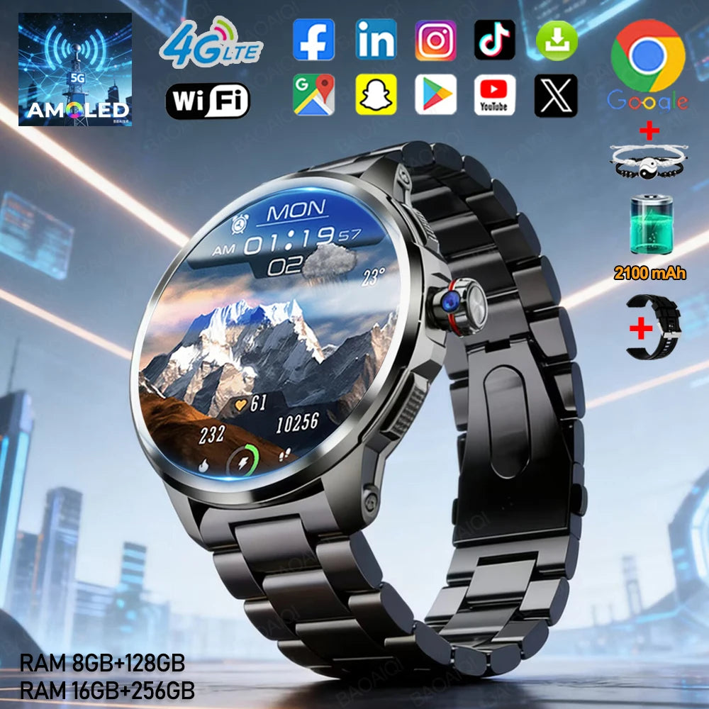 4G Full Network Smart Watch 8GB+128GB RAM 1.95 inch HD Screen 900W Video Call 2100mAh WIFI GPS Google Play Smartwatch Flashlight