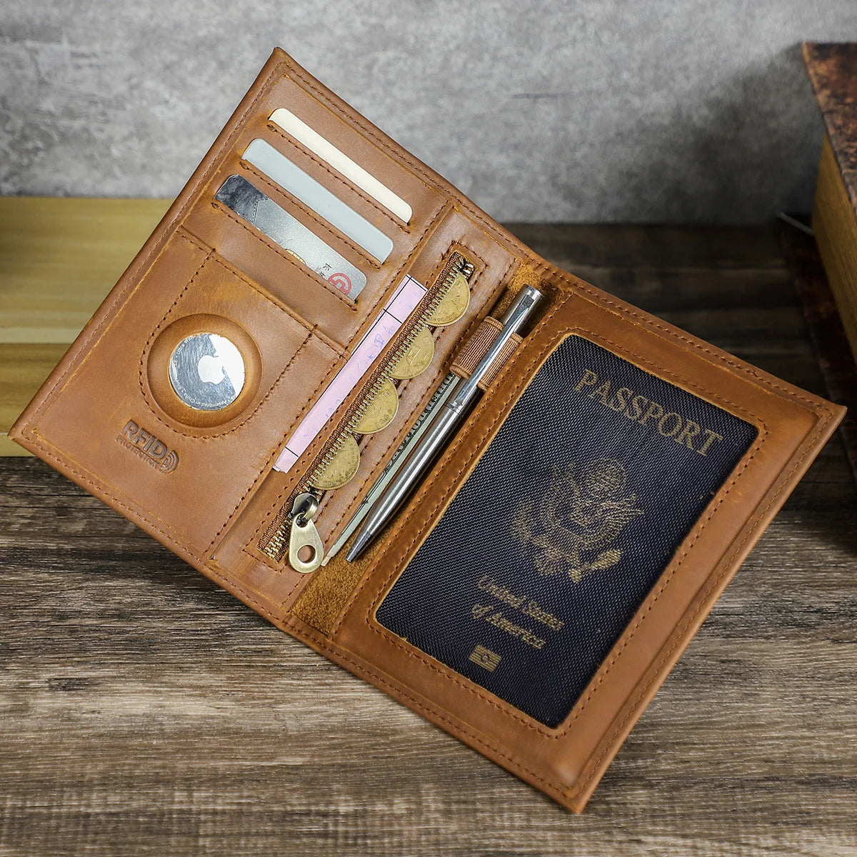 CONTACT'S Genuine Leather Passport Wallet Card Holder Coin Purse AirTag Slot Men Travel Wallet Women‘s Purse Passport Cover Bag